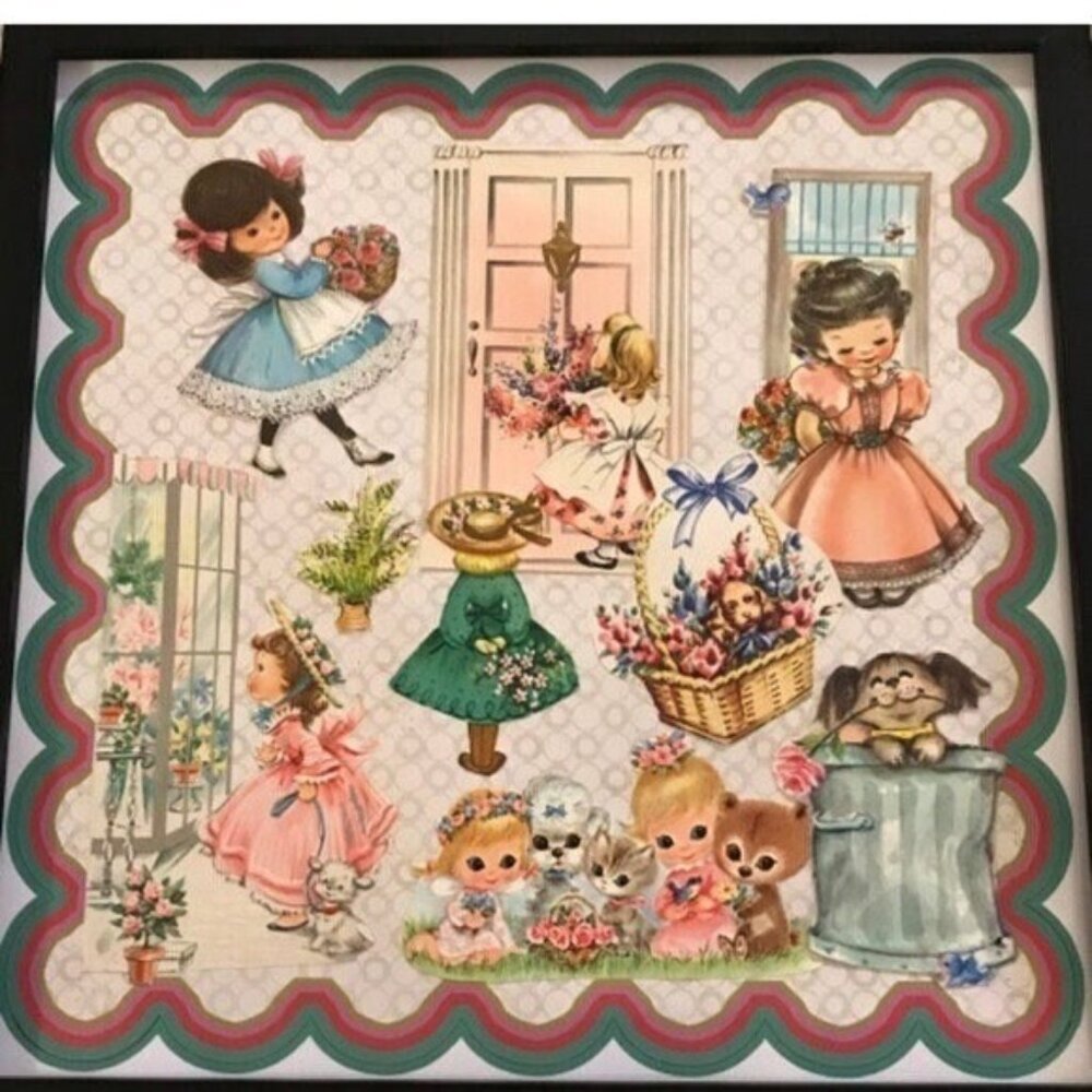 Old Fashioned Girls Dogs & Cats Pastel Framed Handmade Collage OOAK Wall Art